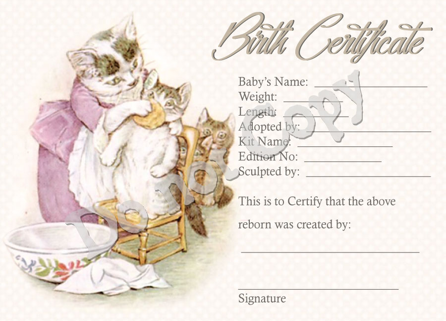 Reborn Doll Birth Certificate Unisex Beatrix Potter Cats