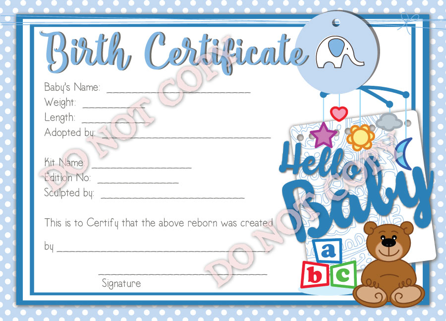 Reborn Doll Birth Certificate ~ Boy ~ Hello Baby