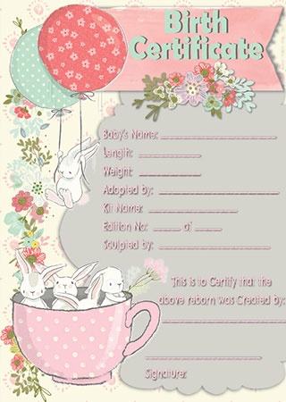 Reborn Doll Birth Certificate ~ Girl~ Bunnies in a Tea Cup