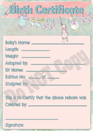 BEAUTIFUL Reborn Baby Birth Certificate Card Stock 5x7 ~REBORN DOLL SUPPLIES 