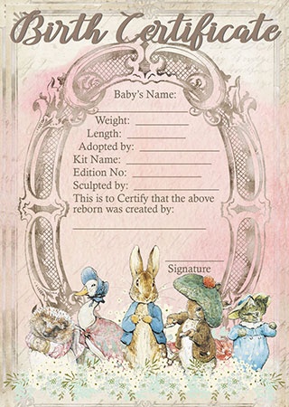 Reborn Doll Birth Certificate ~ Girl~ Peter Rabbit & Friends