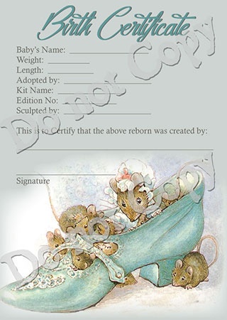 Reborn Doll Birth Certificate ~ Unisex~ Beatrix Potter Mice in Shoe