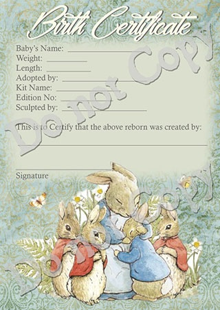 Reborn Doll Birth Certificate ~ Unisex~ Beatrix Potter Rabbits