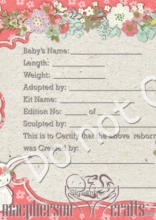 Reborn Doll Birth Certificate ~ Girl ~ Bunnies with Flowers and Balloons