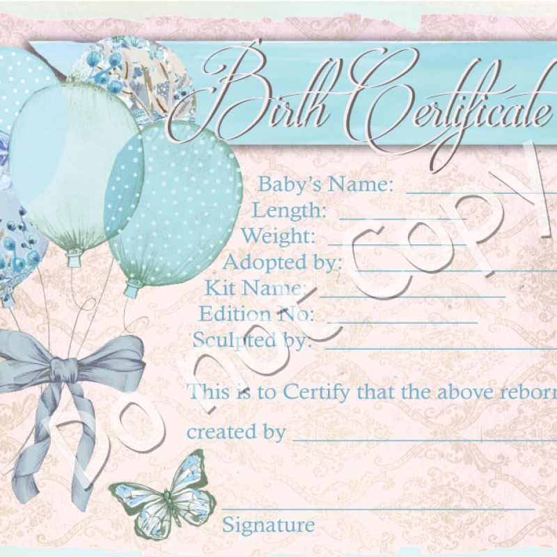 Reborn Doll Birth Certificate ~ Girl ~ Turquoise Balloons