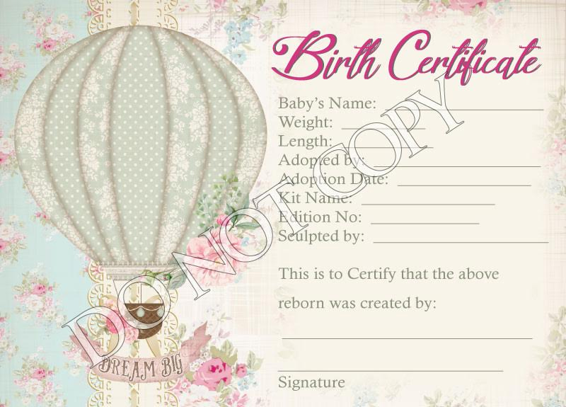 Reborn Doll Birth Certificate ~ Girl ~Vintage Roses With Air Balloon